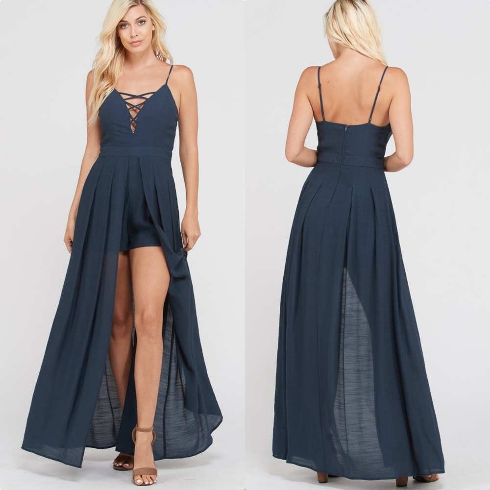 Navy Lace-Up Maxi Romper with Overlay Skirt